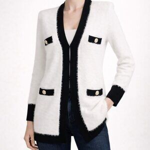 L’AGENCE Elin White Black Contrast Trim Four Pocket Cardigan